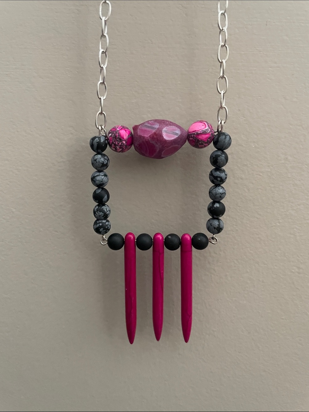 Reconstituted Pink Turqoise Stone square Necklace.